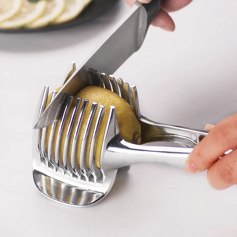 Silver plastic lemon slicer kitchen gadget for cutting fruit and vegetables