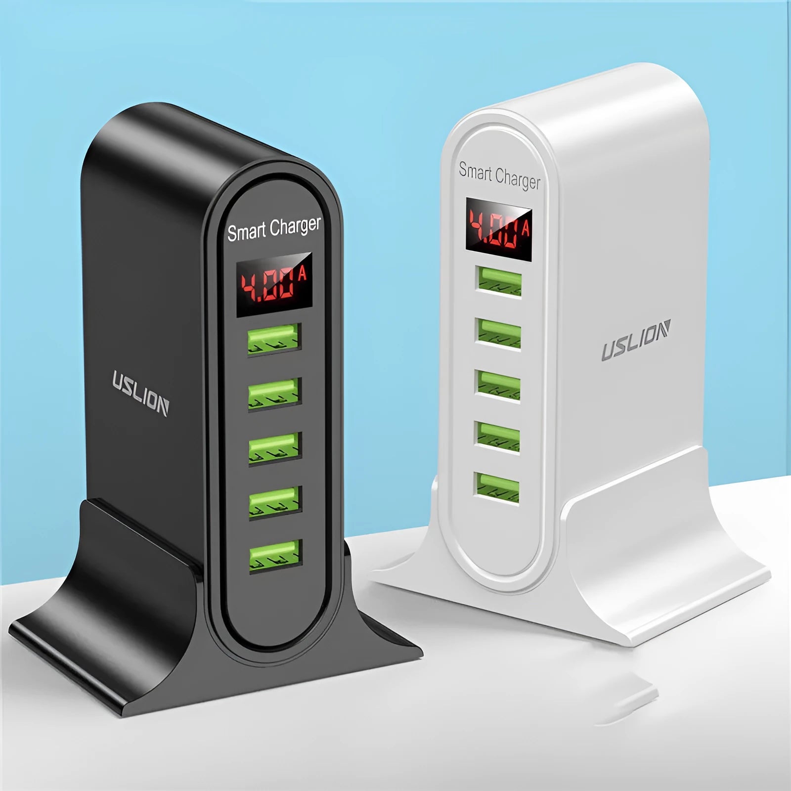 Smart LED digital display USB charger showing black and white options with EU UK US plugs