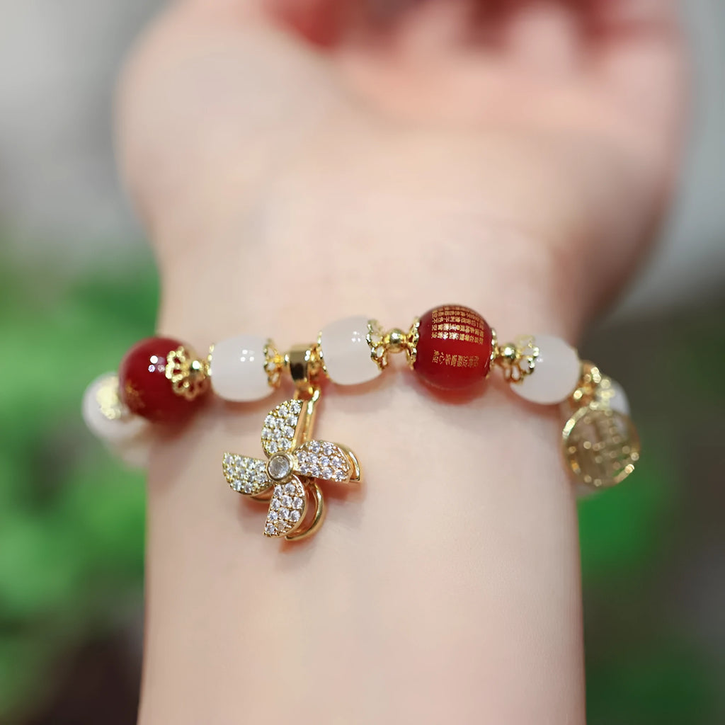 Women's Chinese style glass bracelet with Fu character and safety lock design in coloured glaze