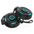 Black wireless Bluetooth earphones with hanging ear design showing ear hooks and USB charging port