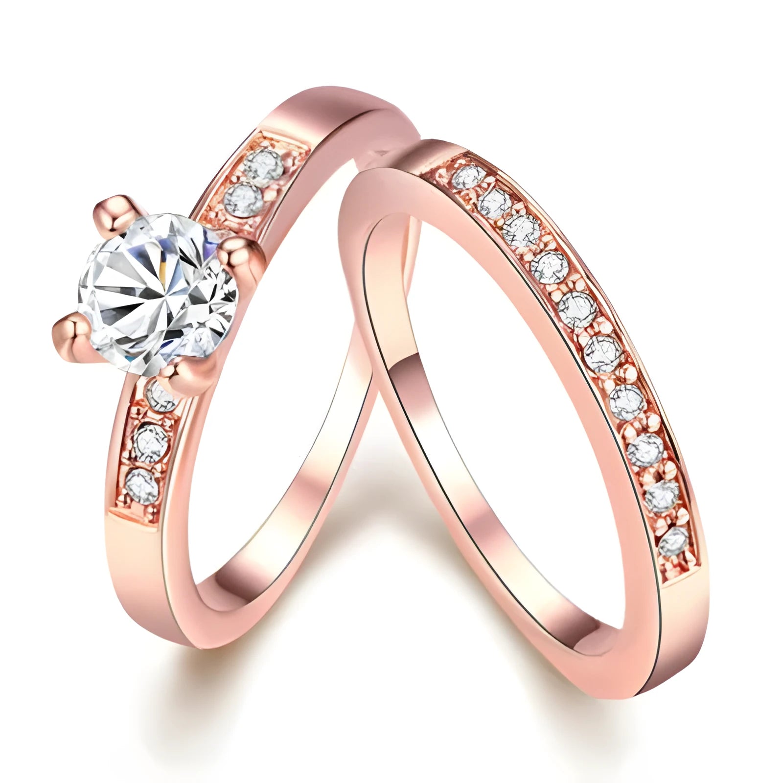 Rose gold ring with diamonds on copper base, available in sizes 5 to 12, shown on a neutral background