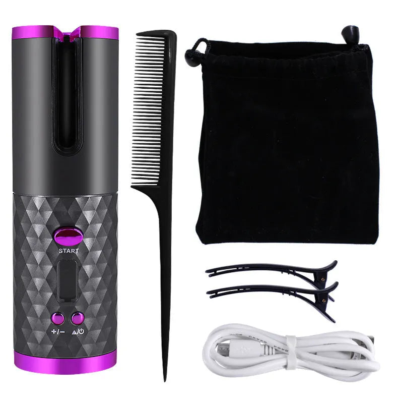 Black rechargeable automatic hair curler with LCD display and ceramic tourmaline curling barrel.