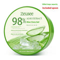 Jar of aloe vera gel for acne control and hydration with a small application spoon on a white background