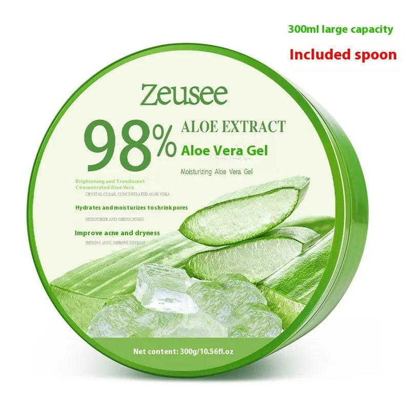 Jar of aloe vera gel for acne control and hydration with a small application spoon on a white background