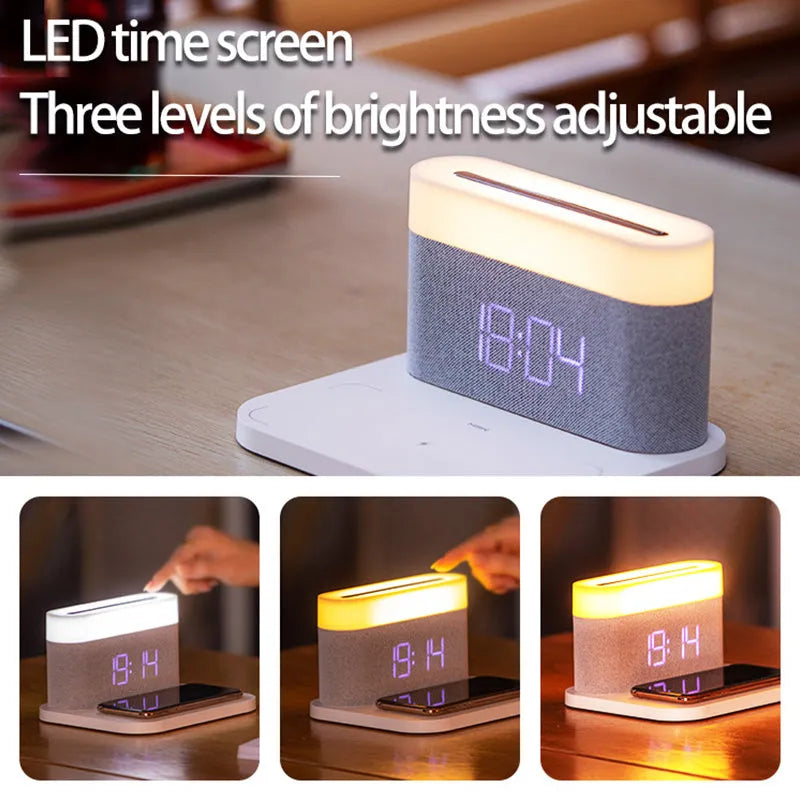 Black and white wireless desktop charger with clock display and ambient lighting functions