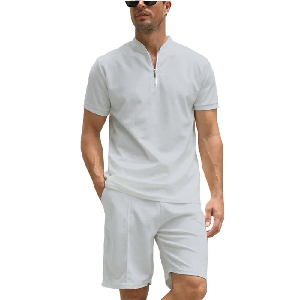 Men's solid colour polo shirt and matching trousers two-piece set in beaded bird's eye fabric