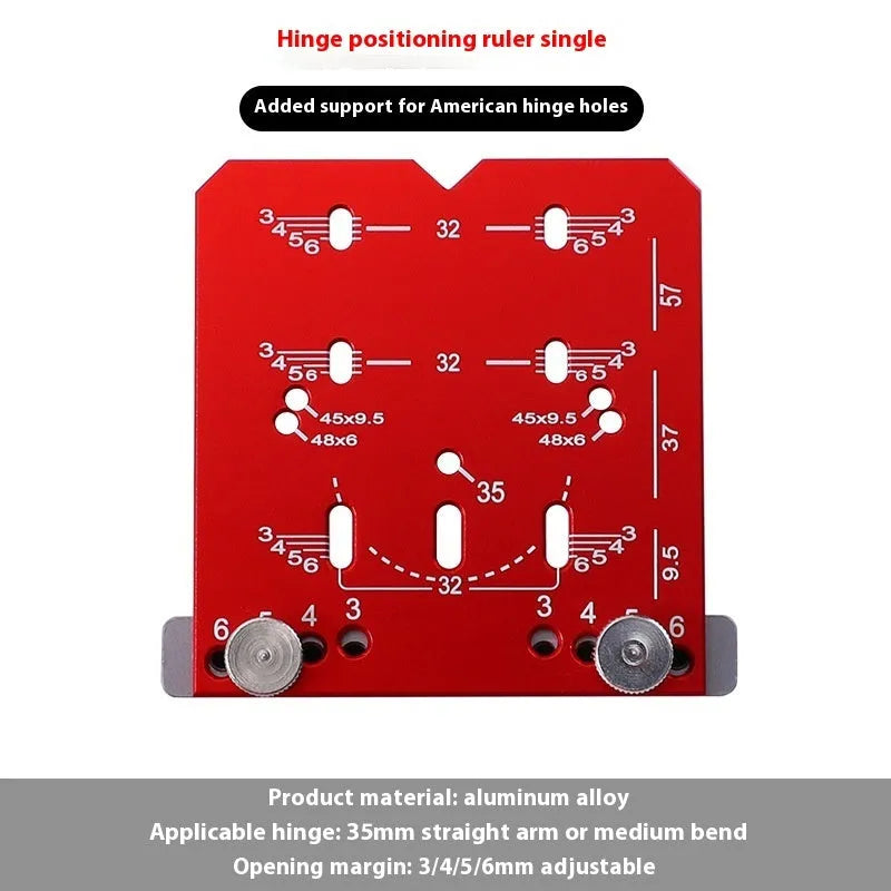 Red aluminium alloy hinge locating ruler with adjustable margin settings for 35mm cabinet hinges.