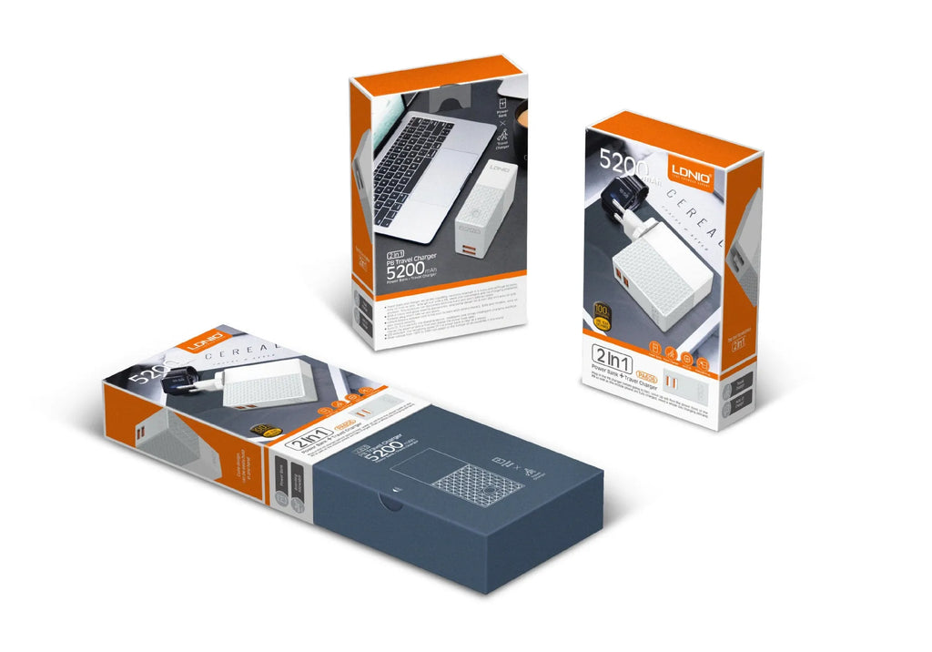 White mobile power bank charger with integrated plug showing UK, US and EU plug options