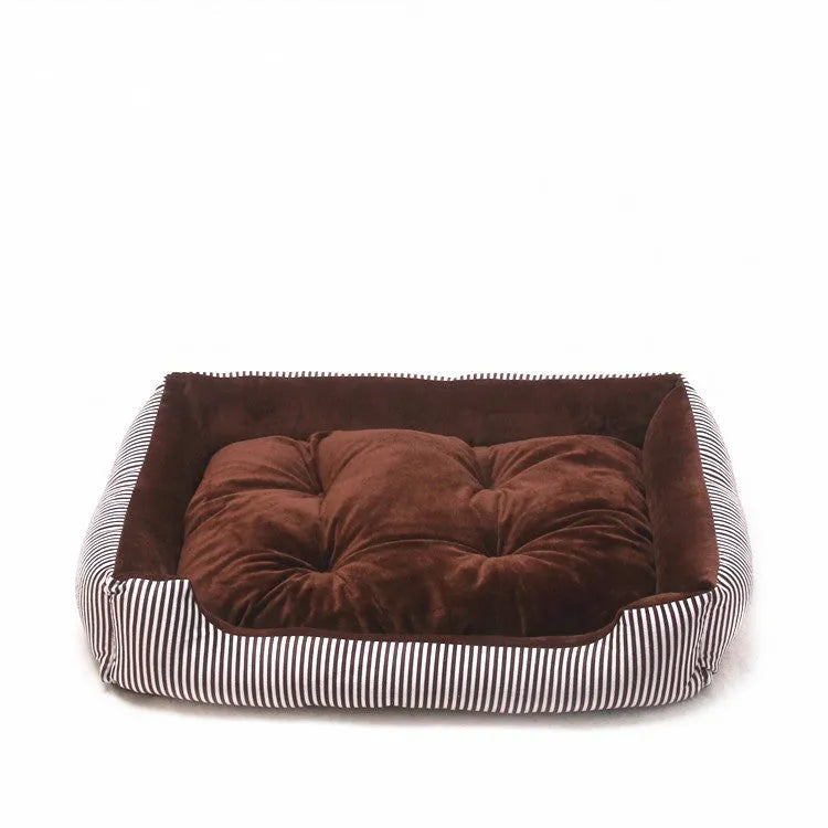 Round cloth pet bed for dogs and cats in a stripe pattern, showing size options from 45cm to 90cm.