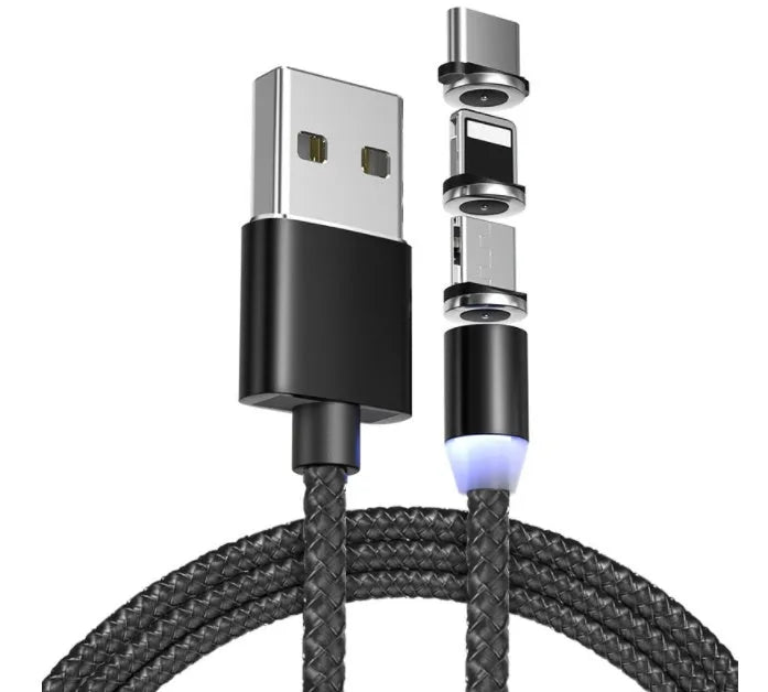 3-in-1 magnetic charging cable with Android, Type C, and Apple connectors in multiple colours