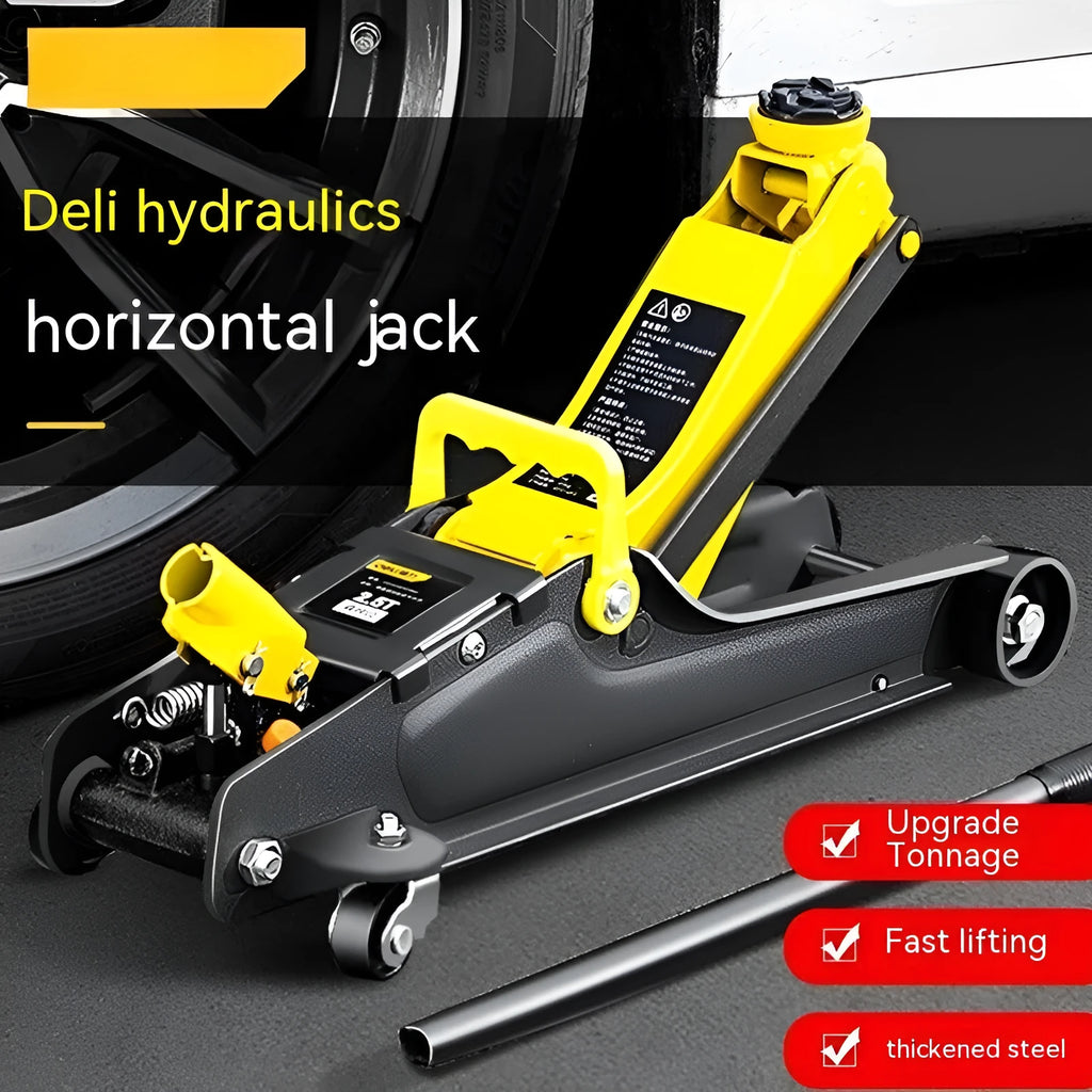 Horizontal hydraulic trolley car jack with handle for tyre changes