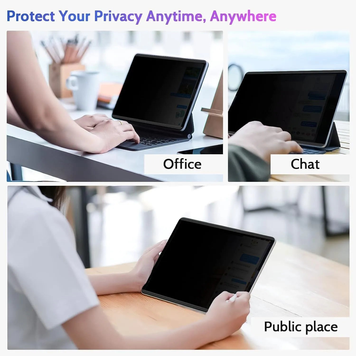 Magnetic iPad anti peeping film and storage clip shown next to an iPad