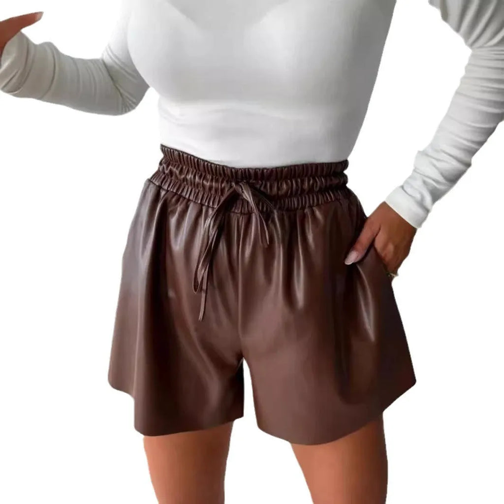 Women's black drawstring lace-up PU leather wide-leg casual shorts with mid-waist design
