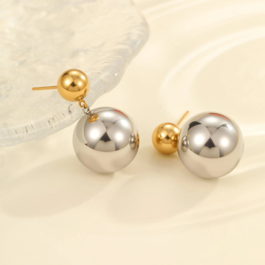 Gold-plated round bead colour-block ear studs with geometric design on stainless steel