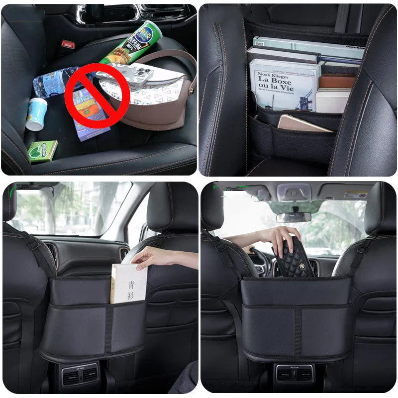 Black leather car seat storage bag with sports carbon fibre pattern, dimensions 38cm by 24cm by 15cm