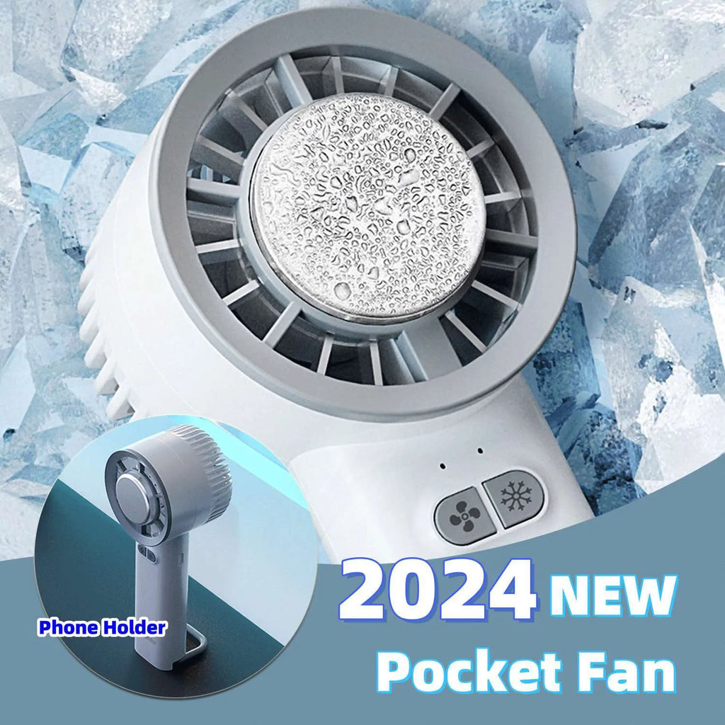 White handheld turbo jet fan with brushless motor and ice cooling function showing compact design