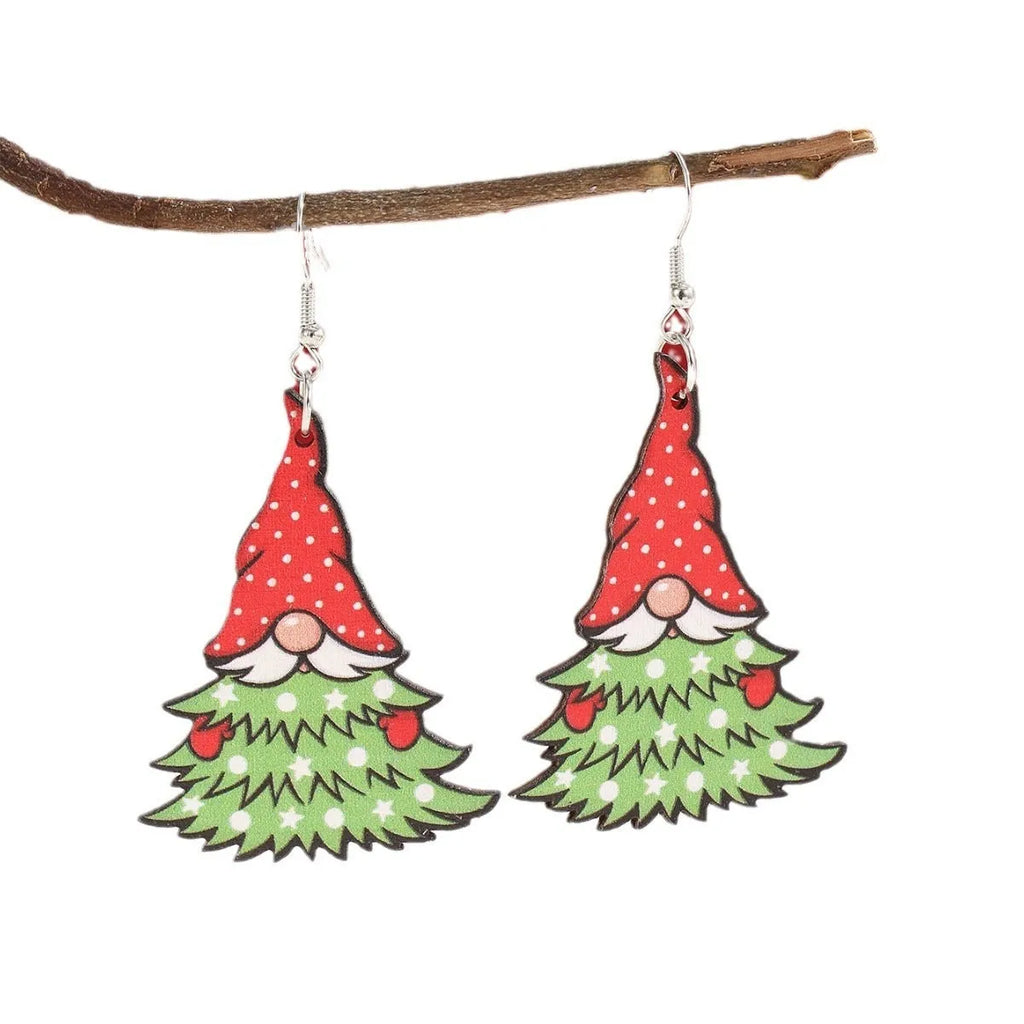 Wooden Christmas earrings set with geometric tree and water drop snowman designs