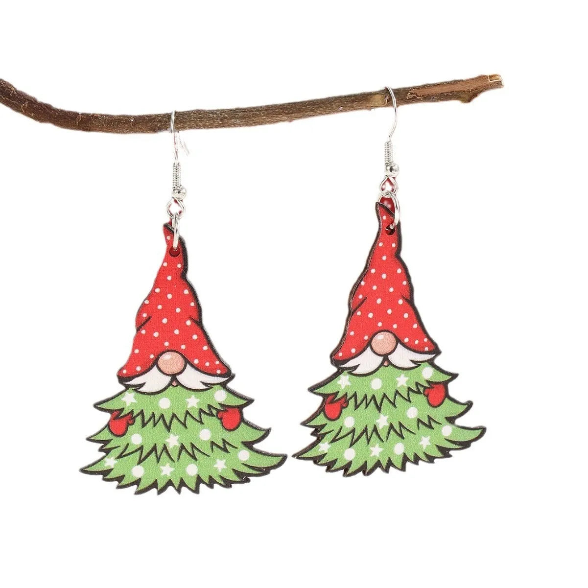 Wooden Christmas earrings set with geometric tree and water drop snowman designs