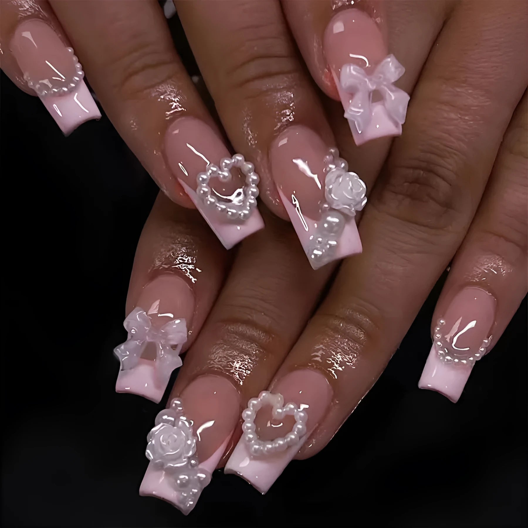 French Love Pearl removable fake nail stickers kit showing nail strips, jelly glue pot, and polish rub in colour XD93.