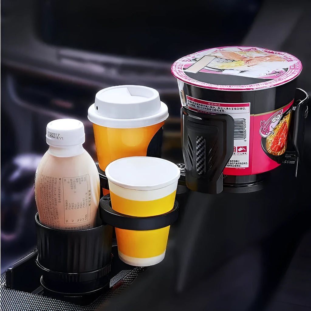 One Point Four black car water cup holder with retractable base extended.