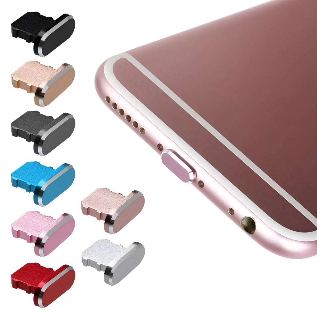 Aluminum alloy iPhone charging port dust plug in rose gold colour on a grey background.