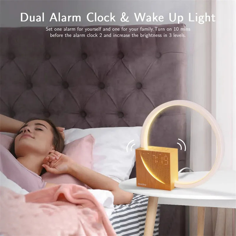 Navy blue touch control bedside lamp with digital alarm clock display on wooden table