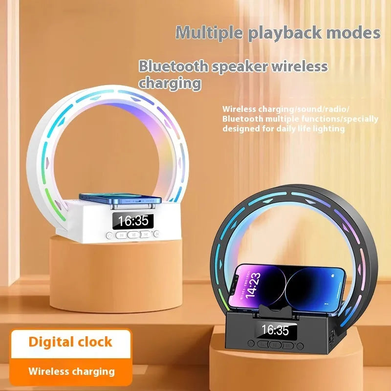 White multifunctional Bluetooth speaker bedside unit with digital clock display and wireless charging phone on top.