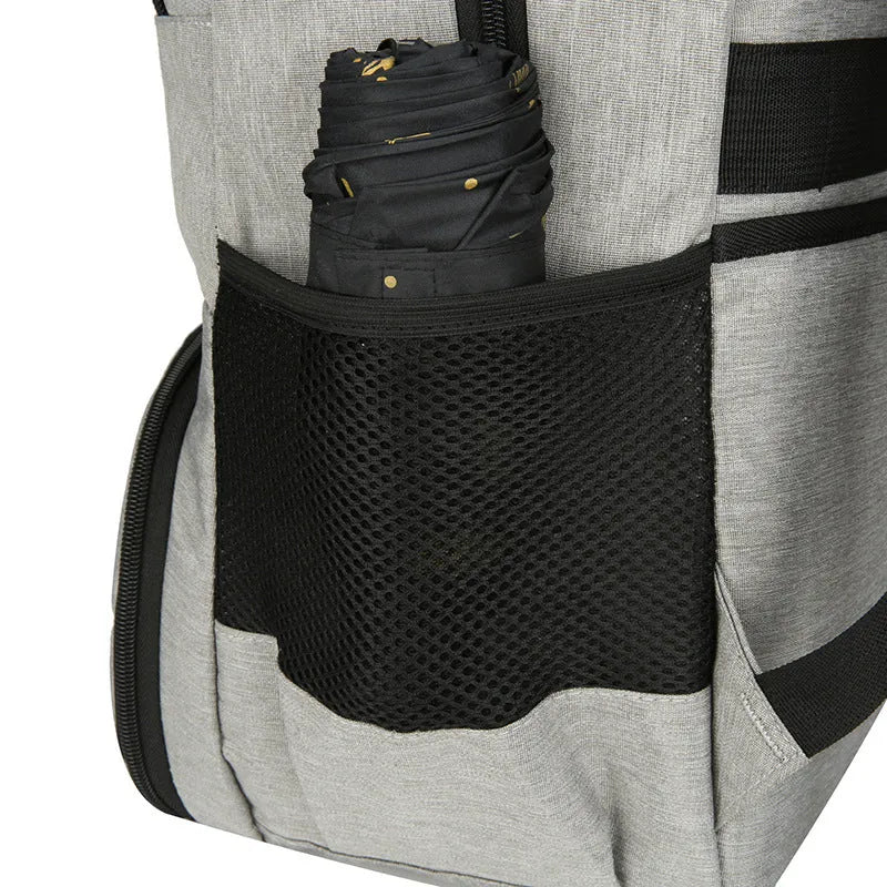 Insulated Oxford cloth backpack in light grey showing compartments and curved shoulder straps.