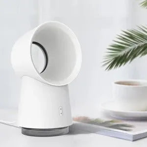 White desktop bladeless fan with USB power and humidification spray on a desk