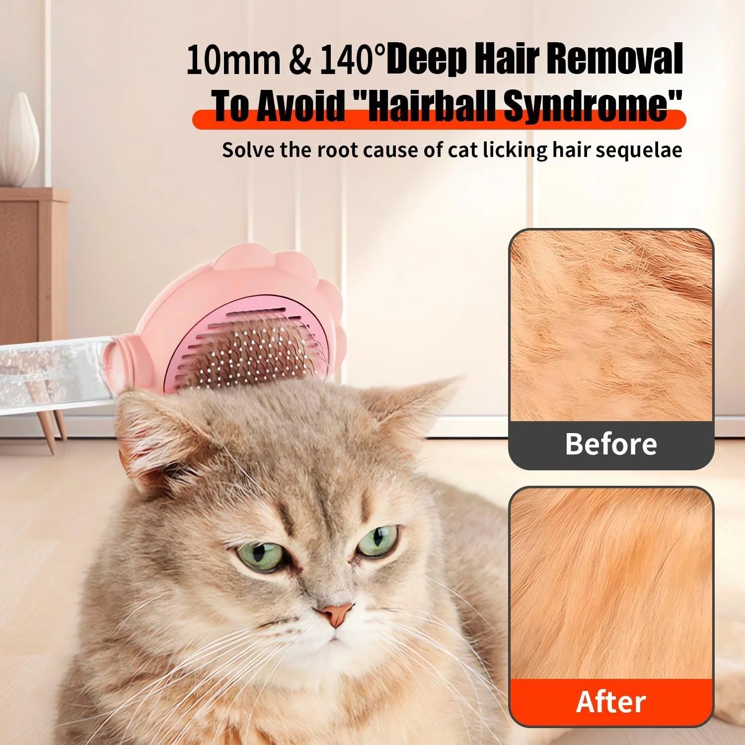 Grey spray cat brush with release button and stainless steel bristles for pet grooming.