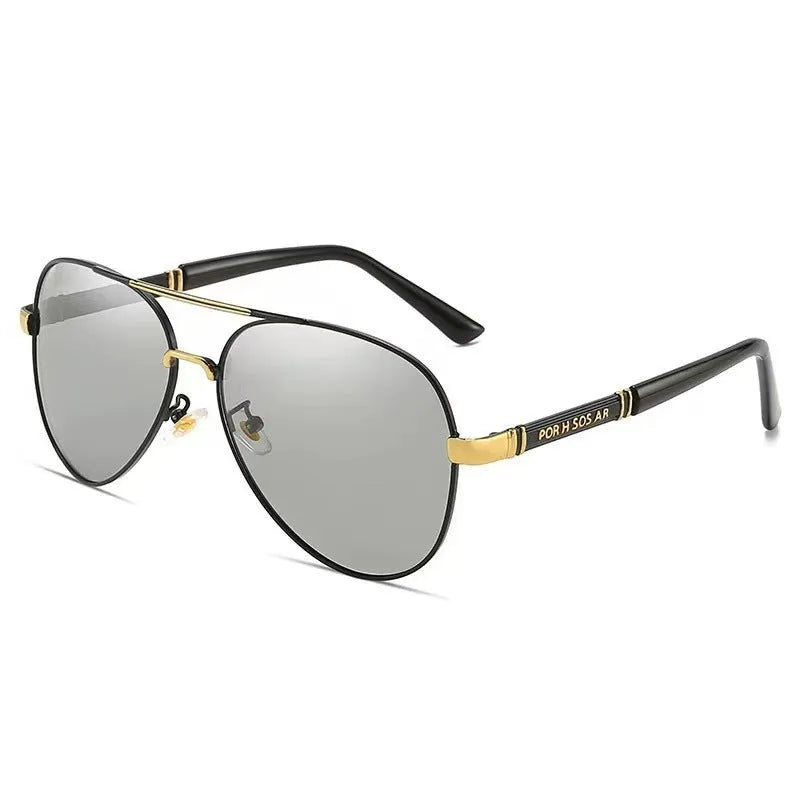 Men's polarised sunglasses with metal frame in gold, shown with grey lenses.