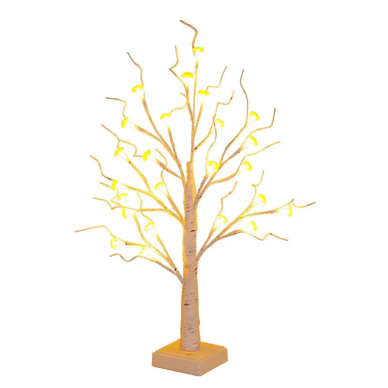 60cm tall white LED mushroom tree lamp with many small detachable mushroom flowers on a wooden table.