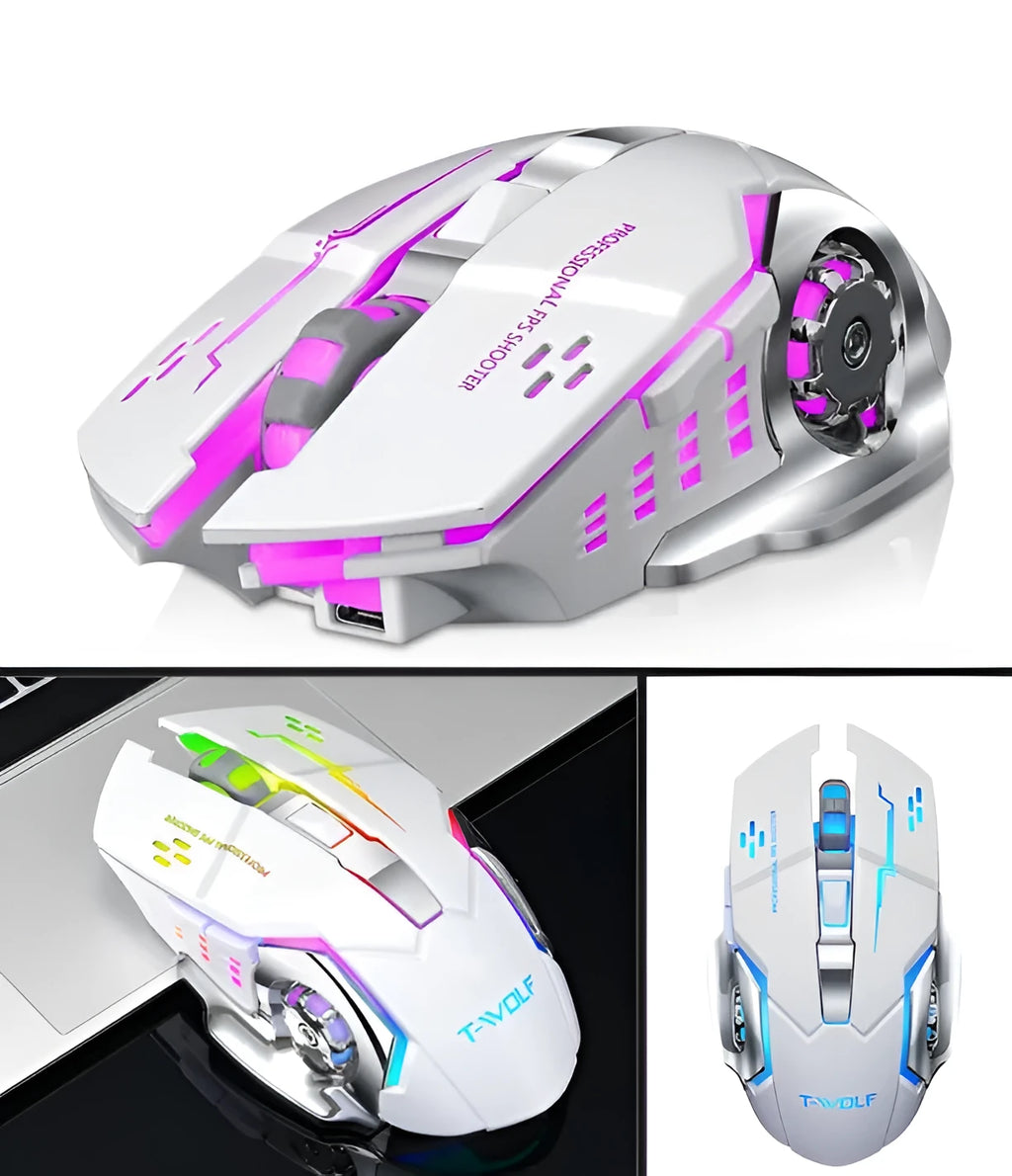 Black and white wireless silent mouse with USB charging port showing six buttons
