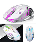Black and white wireless silent mouse with USB charging port showing six buttons