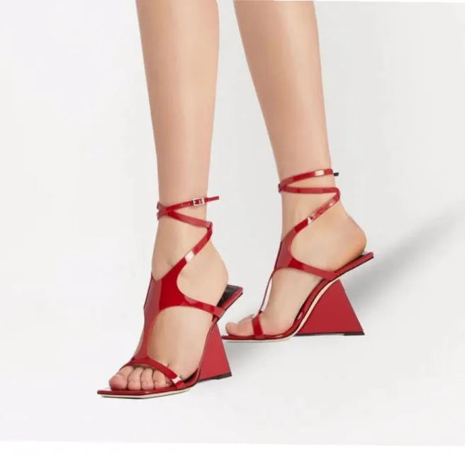 Women's black square toe high heel sandals with a buckle fastening and 9.5cm heel