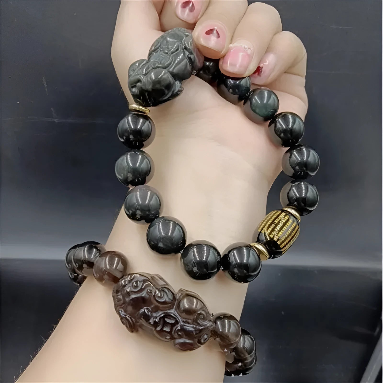 Natural ice obsidian bracelet with smooth polished beads and Heart Sutra engraving, 10mm size