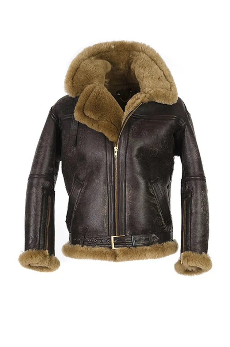 Men's brown retro synthetic leather fur coat with straight hem, worn open.