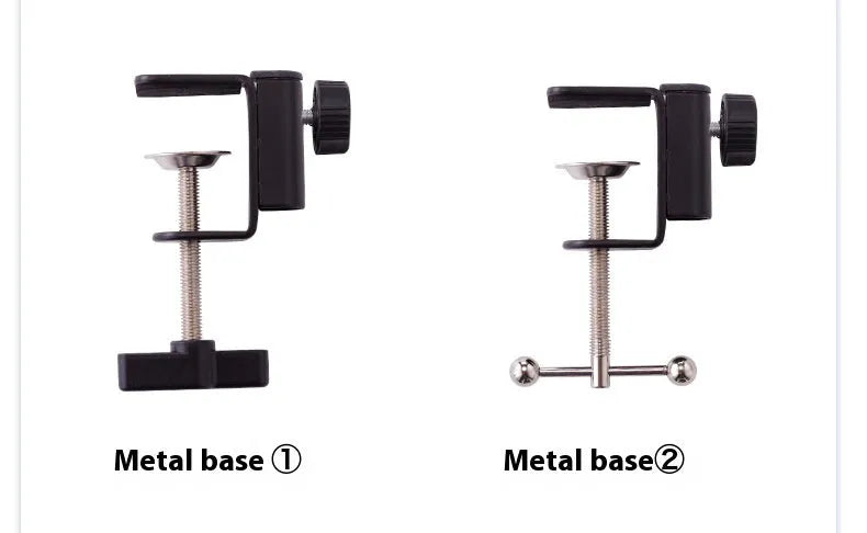 Black foldable metal desktop cantilever bracket holding a tablet, showing multi-angle adjustment.
