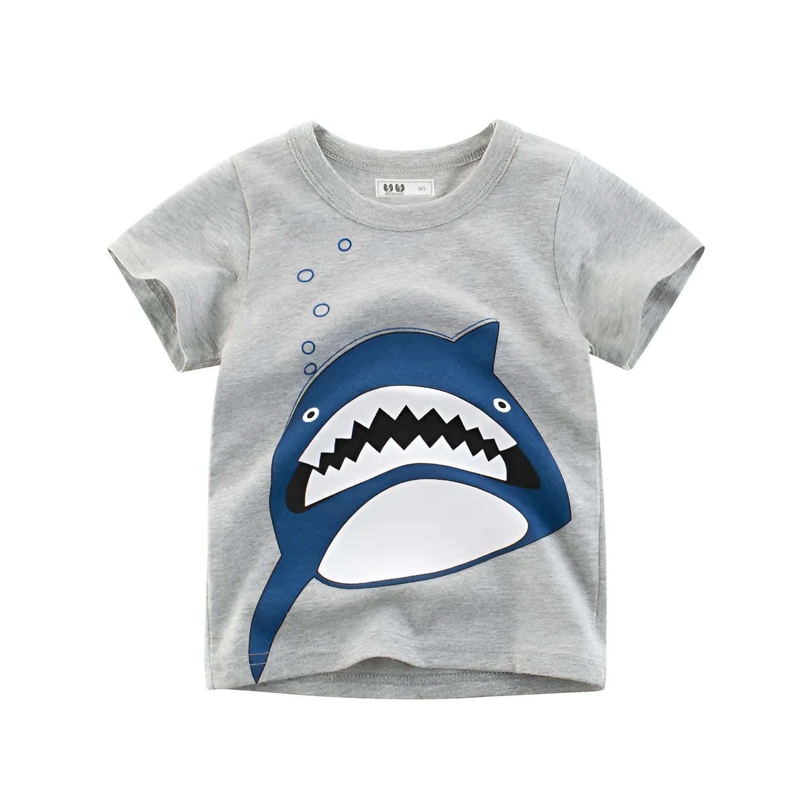 Grey children's cotton T-shirt shown with a size chart listing measurements from 90cm to 140cm.