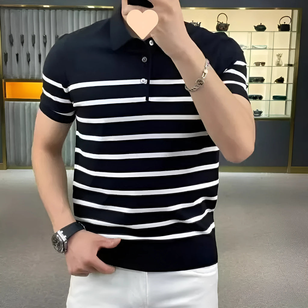 Striped lapel knitted T-shirt in black and white colour options showing pullover style