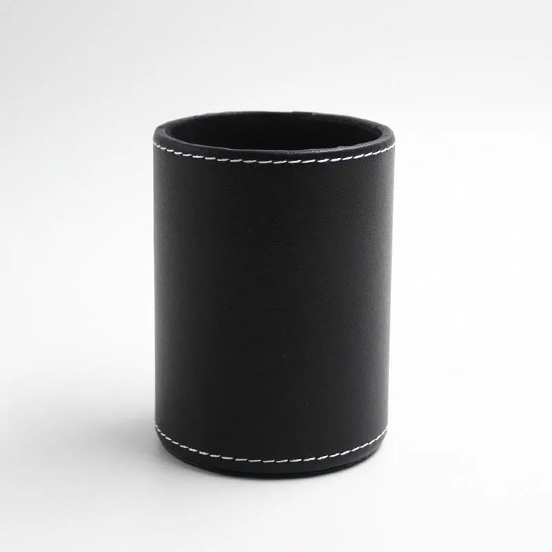 Round black leather pen container with 8.0cm diameter and 10.8cm height dimensions