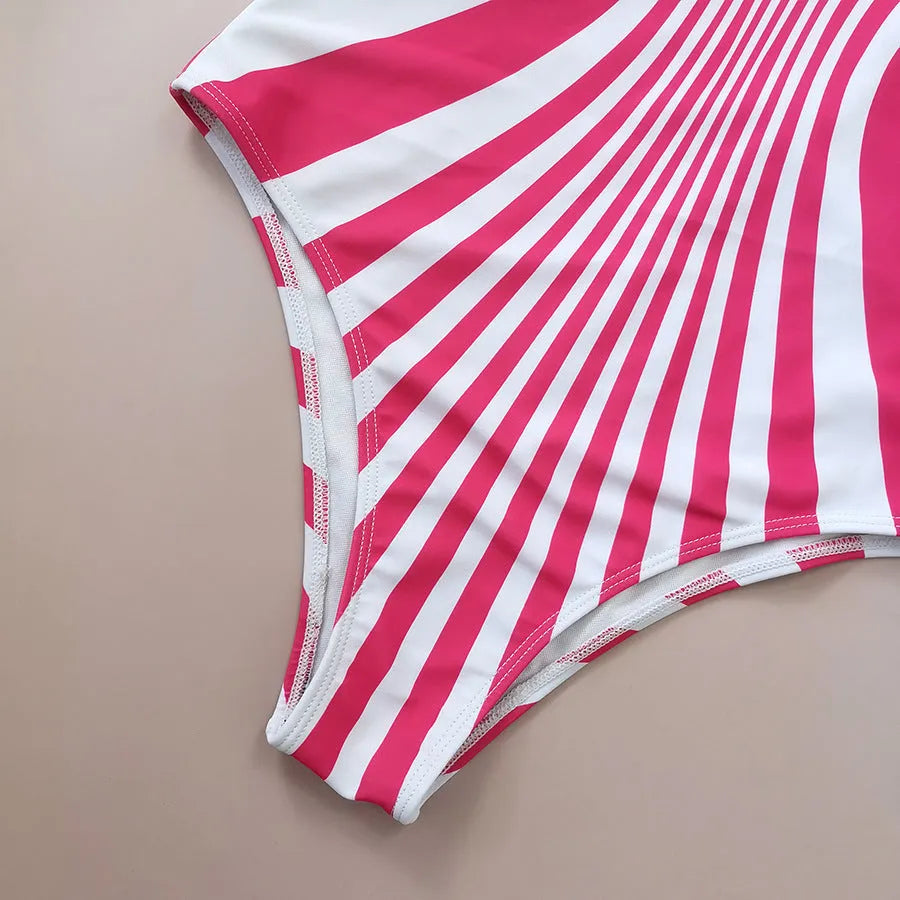 Pink striped one-piece swimsuit for women with digital print on front and back.