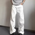 Men's white straight wide-leg denim jeans on a mid waist, showing zipper fly and relaxed fit.