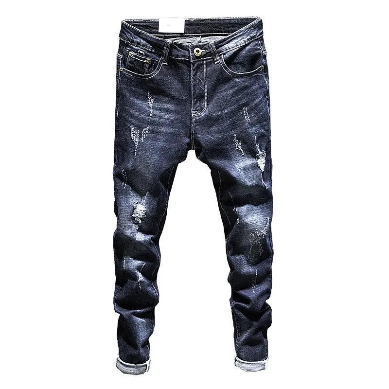 Men's slim-fitting skinny jeans in dark blue cotton denim with micro elasticity, showing mid-waist trousers design