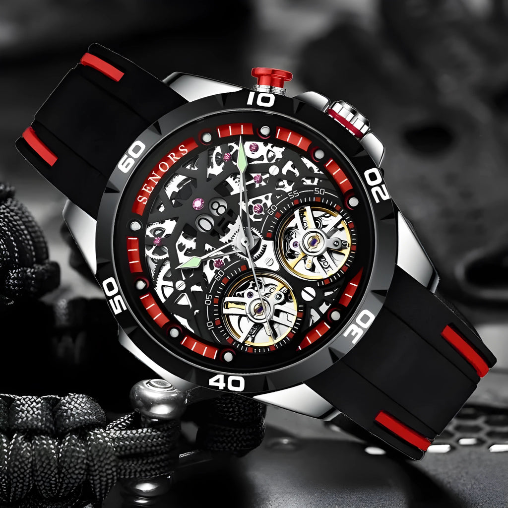 Automatic mechanical men's watch with luminous hands and hollow skeleton dial in blue or red.