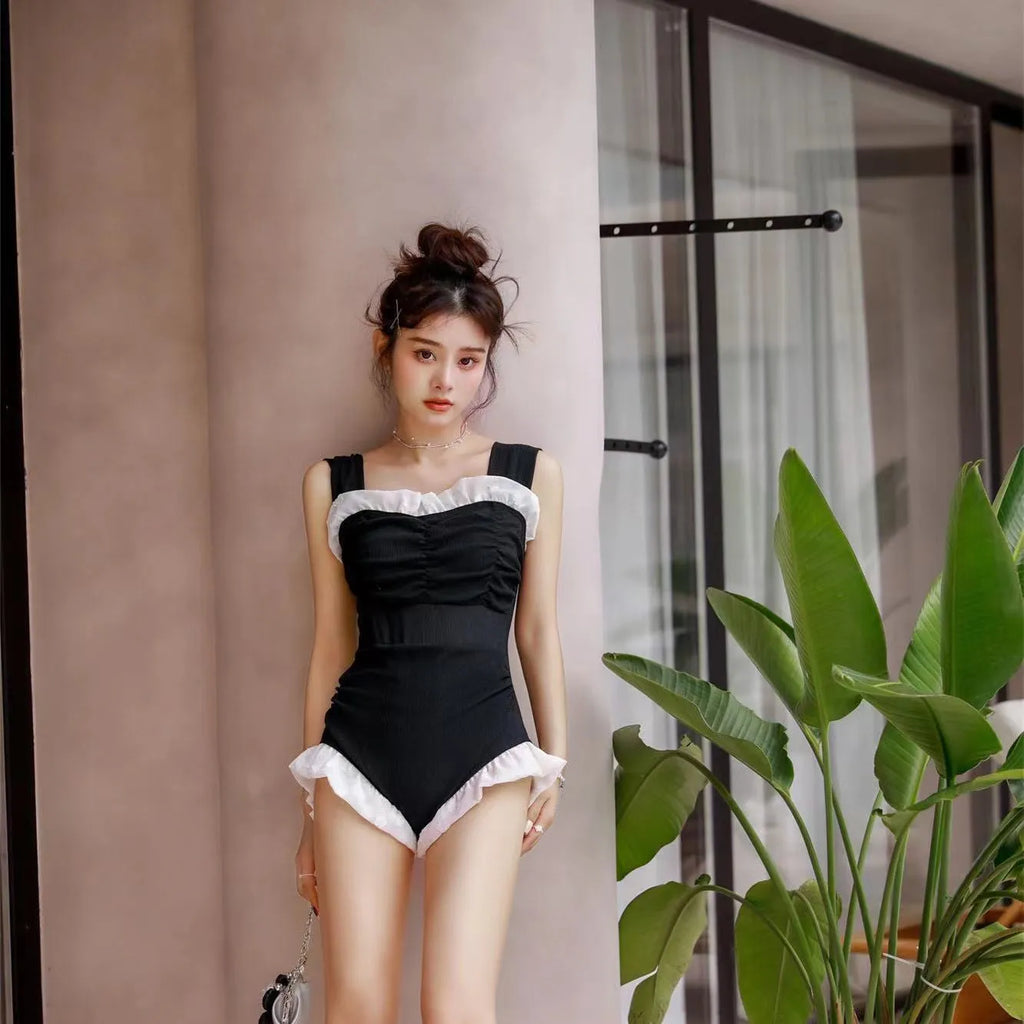 Korean style high-waist one-piece swimsuit in black, green, or pink with quick-drying polyester fabric