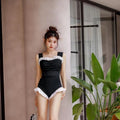 Korean style high-waist one-piece swimsuit in black, green, or pink with quick-drying polyester fabric