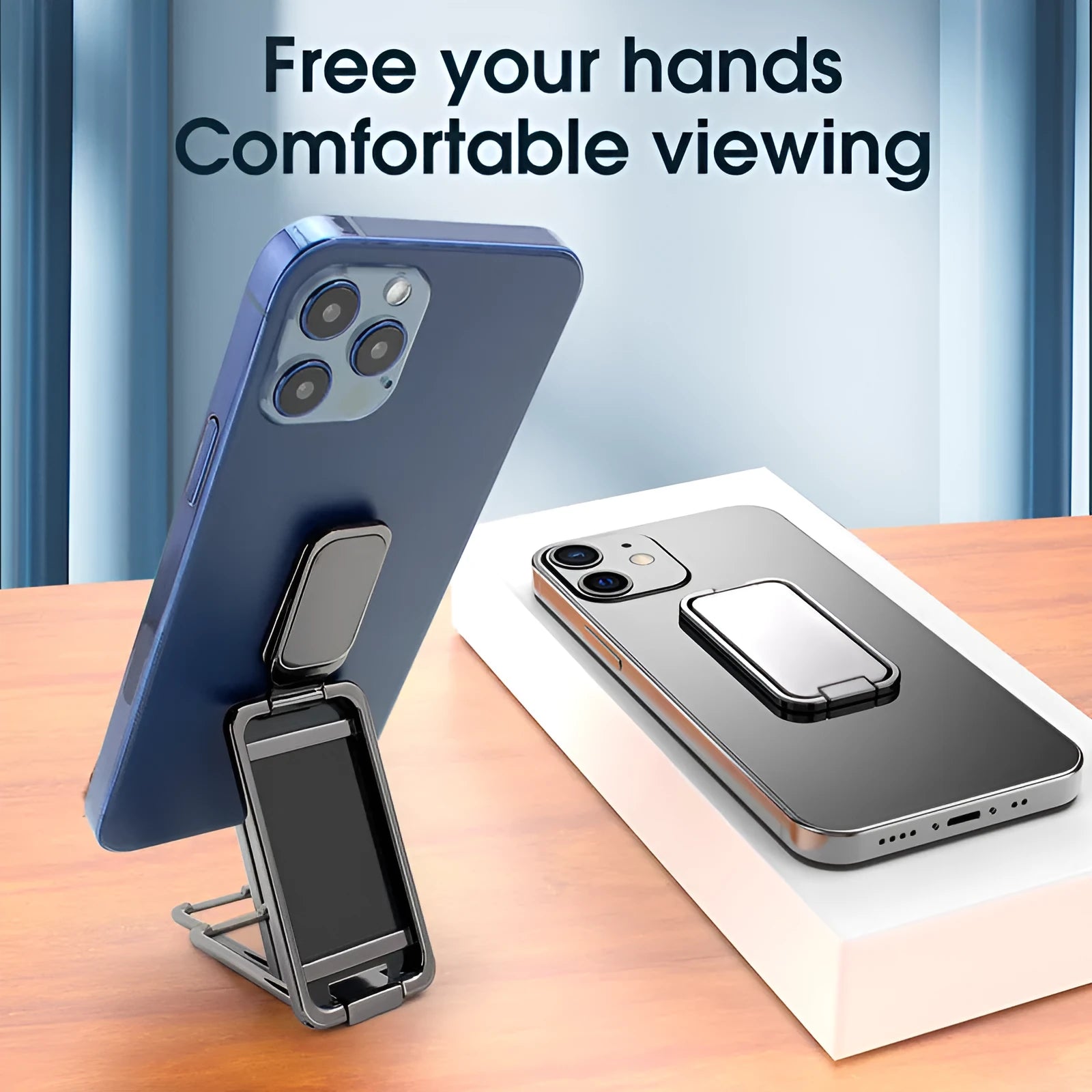 Silver foldable mobile phone holder with magnetic bracket showing adjustable viewing angles
