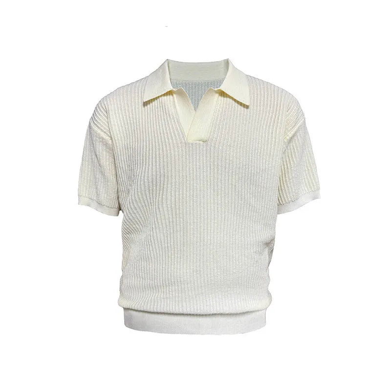 Man wearing a beige short-sleeve polo shirt with a striped collar, showcasing business casual summer style.