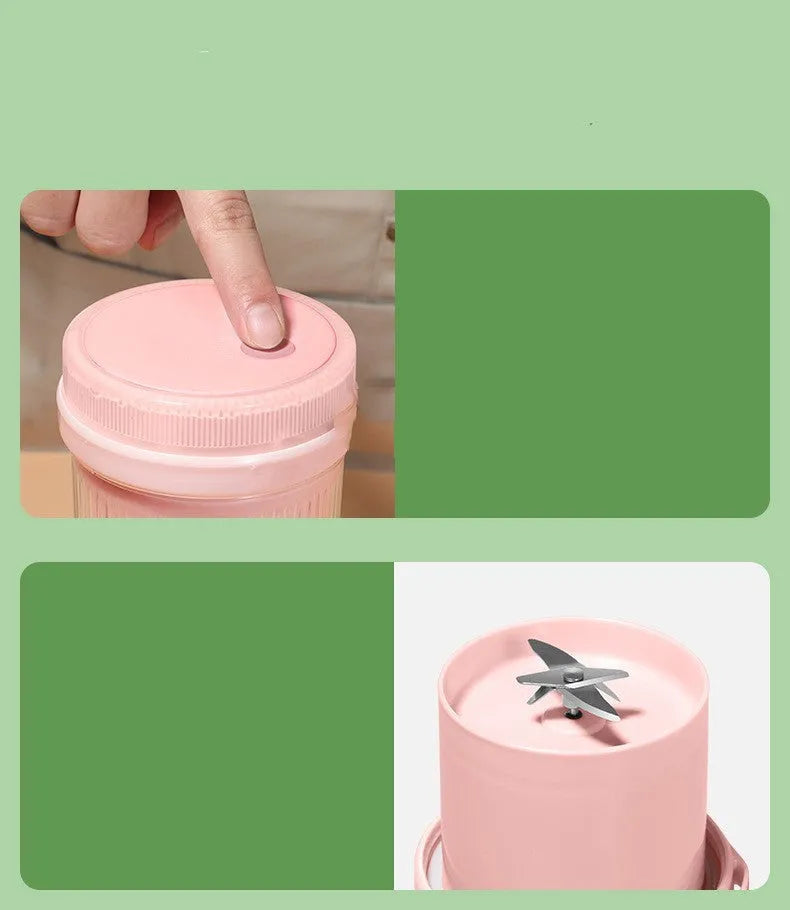 Pink household multi-function mini portable juicer with 380ml capacity and USB charging cable